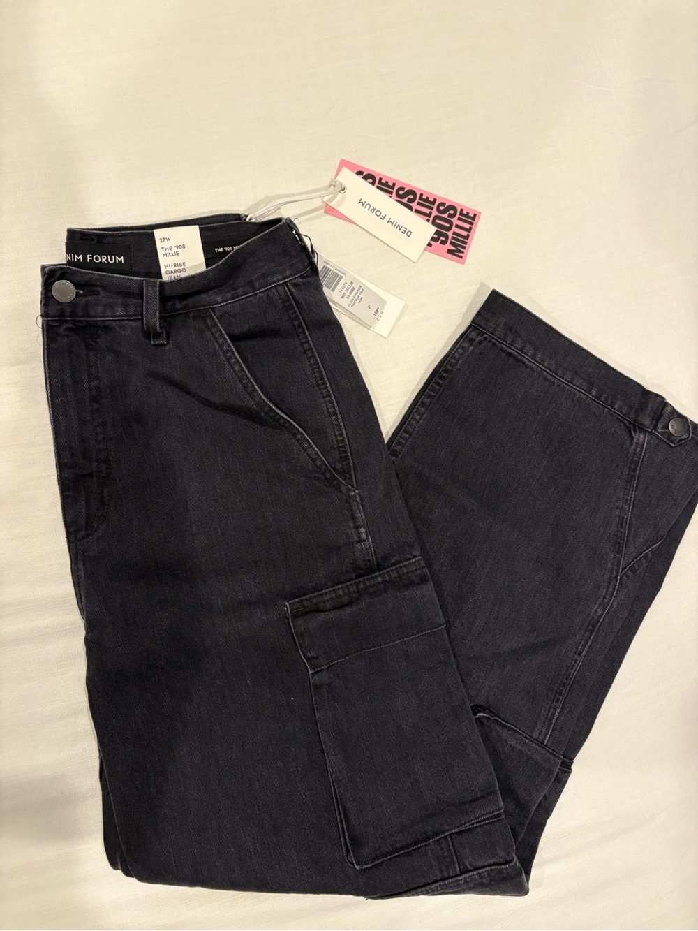 Denim Forum Black Wide-Leg Cargo Jeans
